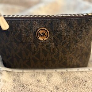 Michael Kors Brown Logo Cosmetic Pouch with Gold Tone MK Emblem